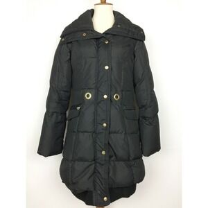 US Polo Assn Black Mid Length‎ Puffer Coat Womens M Winter Gold Tone Full Zip